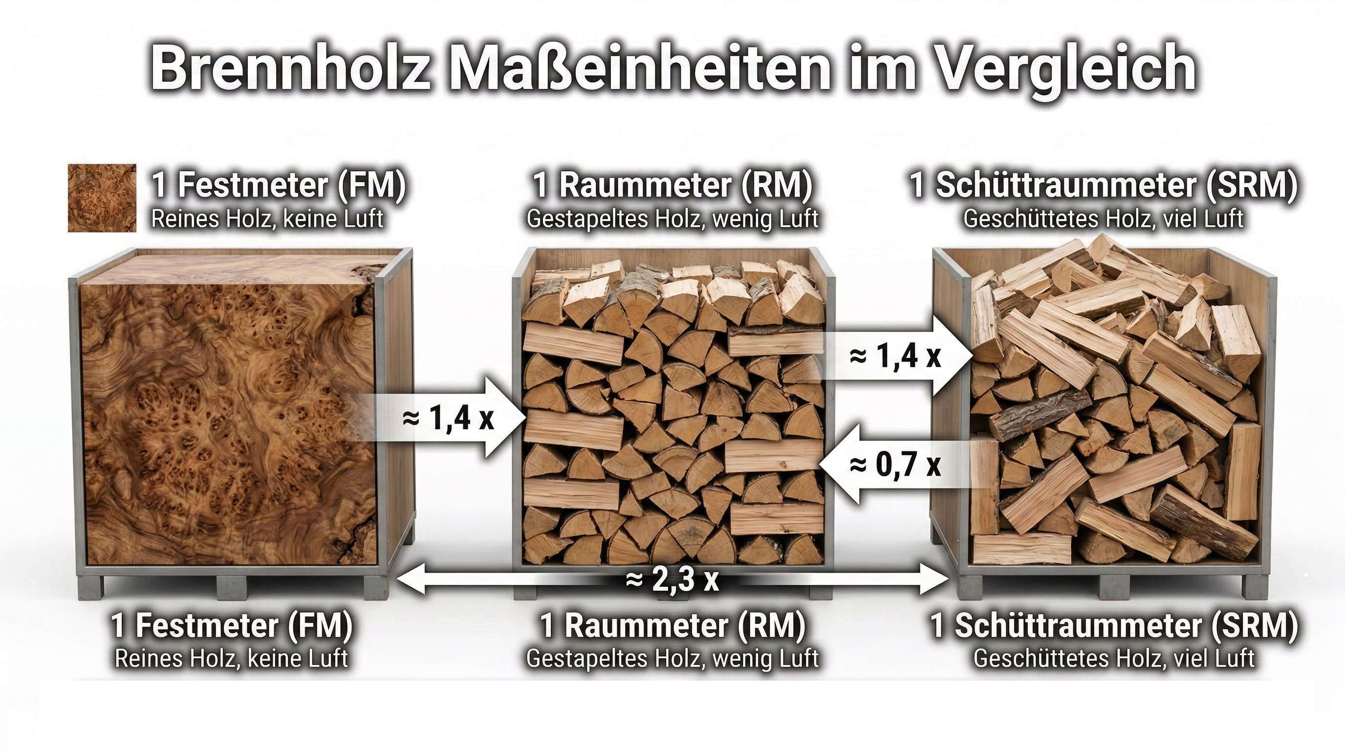 Festmeter, Raummeter, Schüttraummeter Vergleich